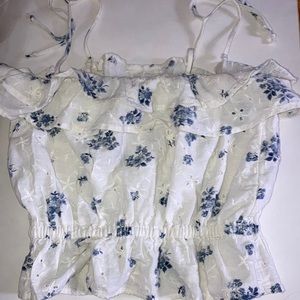 American Eagle Off the Shoulder Cropped Blue and White Shirt Size Small